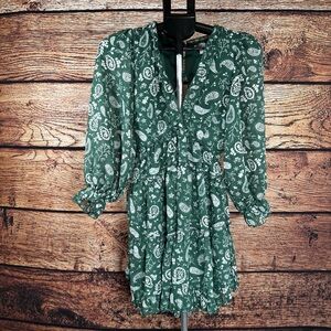 Justify Boho Green Paisley Open Back Long Sleeve Mini Dress Size M